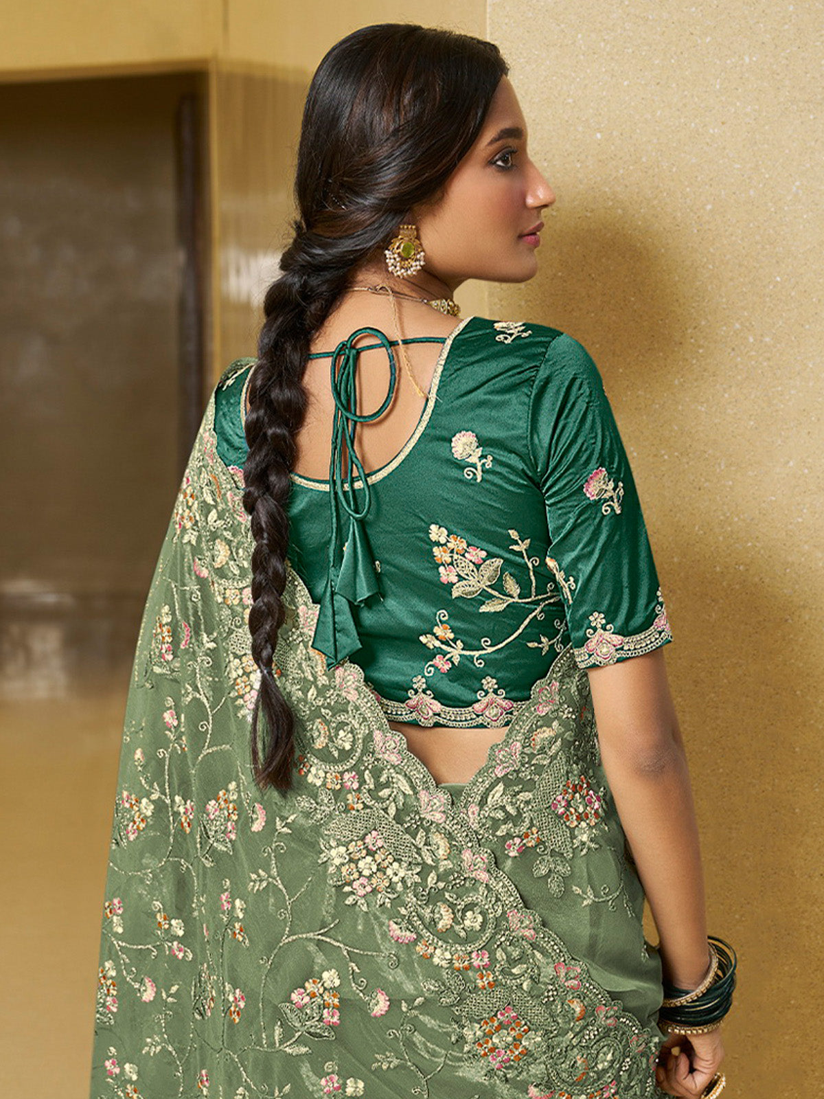 Odette Light Green Net Embroidered Saree with Unstitched Blouse For Women