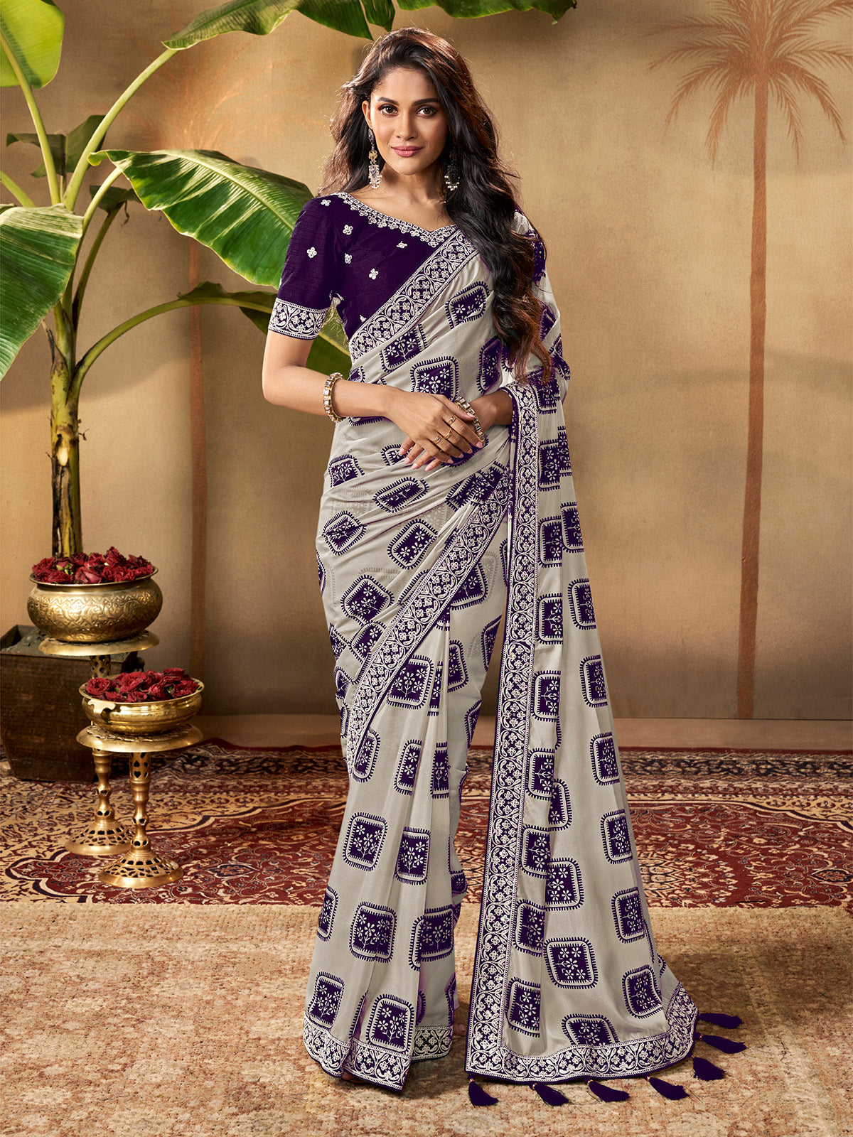 Odette Off White and Purple Georgette Printed Saree with Unstitched Blouse For Women