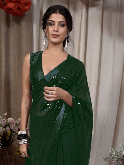 Odette Dark Green Georgette Embellished Saree With Unstitched Blouse For Women