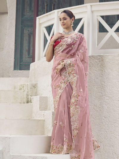 Odette Light Pink Organza Embroidered Saree With Unstitched Blouse For Women