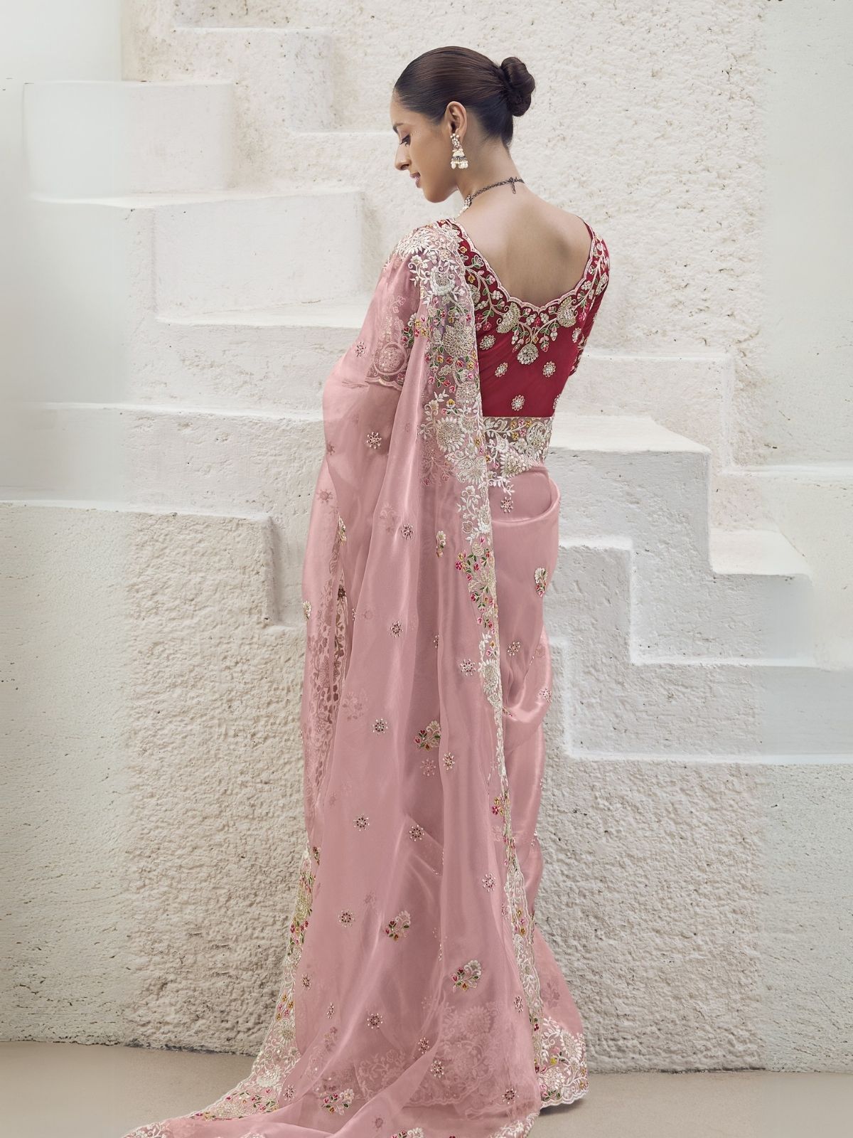 Odette Light Pink Organza Embroidered Saree With Unstitched Blouse For Women