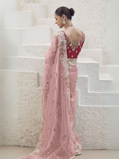 Odette Light Pink Organza Embroidered Saree With Unstitched Blouse For Women