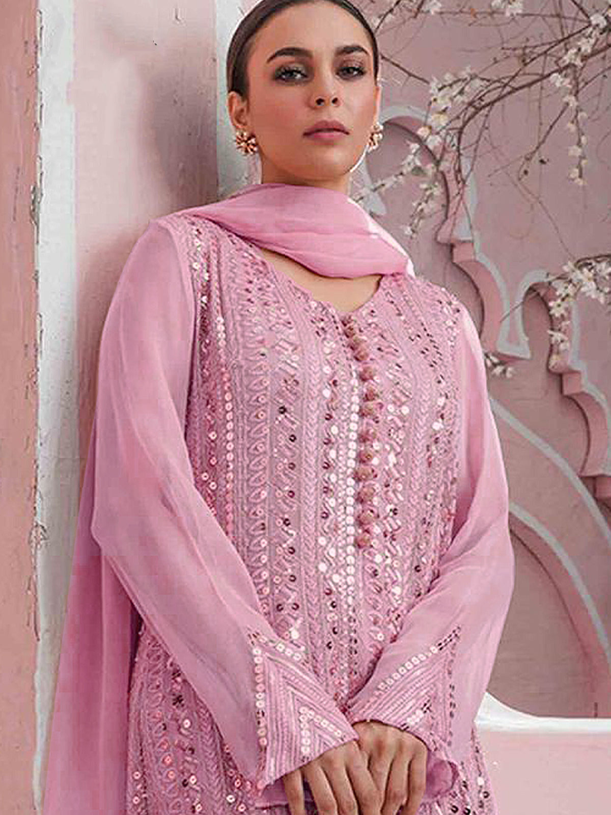 Odette Women Pink Color Party Wear Georgette Semi Stitched Suit