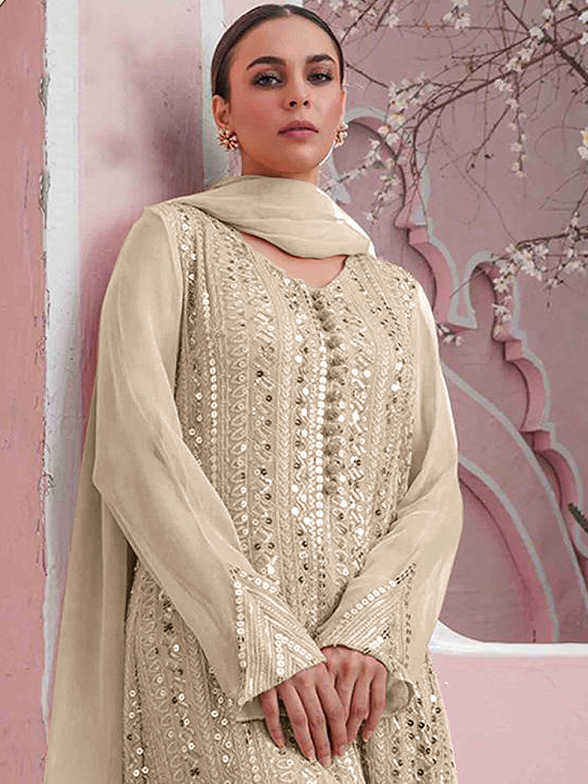 Buy Cream Color Party Wear Georgette Suit – Odette
