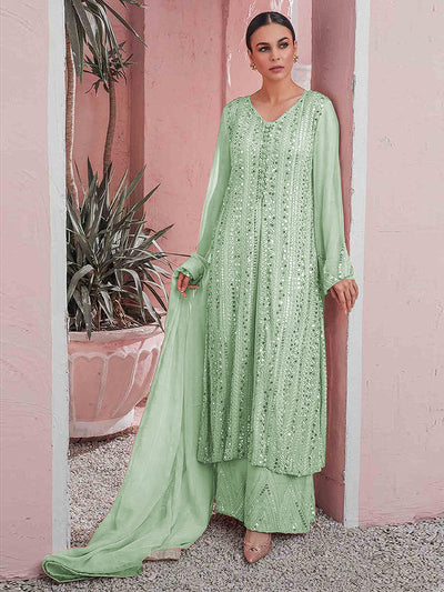 Odette Women Sea Green Color Party Wear Georgette Semi Stitched Suit