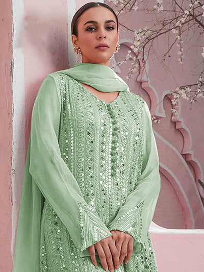 Odette Women Sea Green Color Party Wear Georgette Semi Stitched Suit