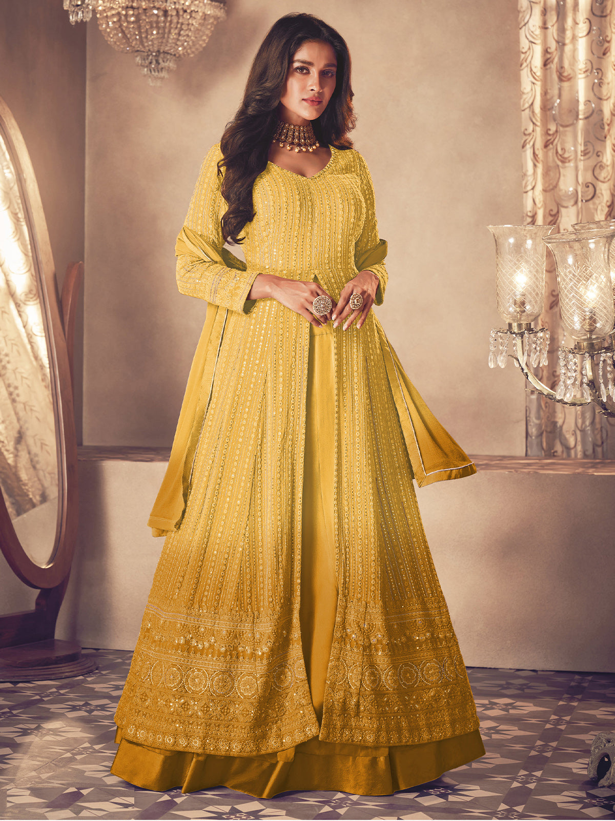 Buy Yellow Designer Partywear Sharara Salwar Suit in USA, UK, CANADA