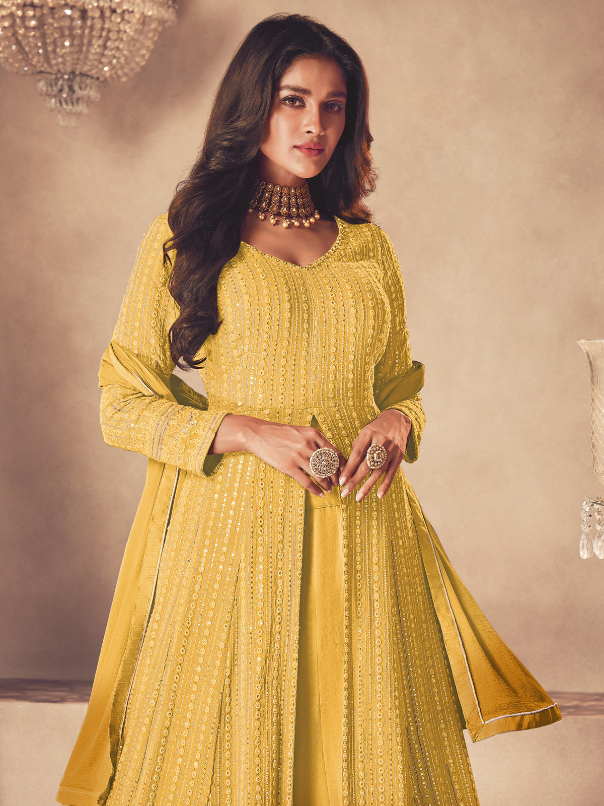 Odette - Yellow Embroidered Georgette Partywear Semi Stitched Anarkali Salwar Suit