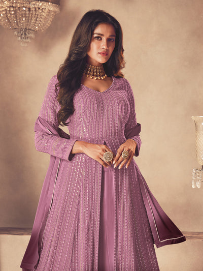 Odette Women Purple Embroidered Georgette Partywear Semi Stitched Anarkali Salwar Suit