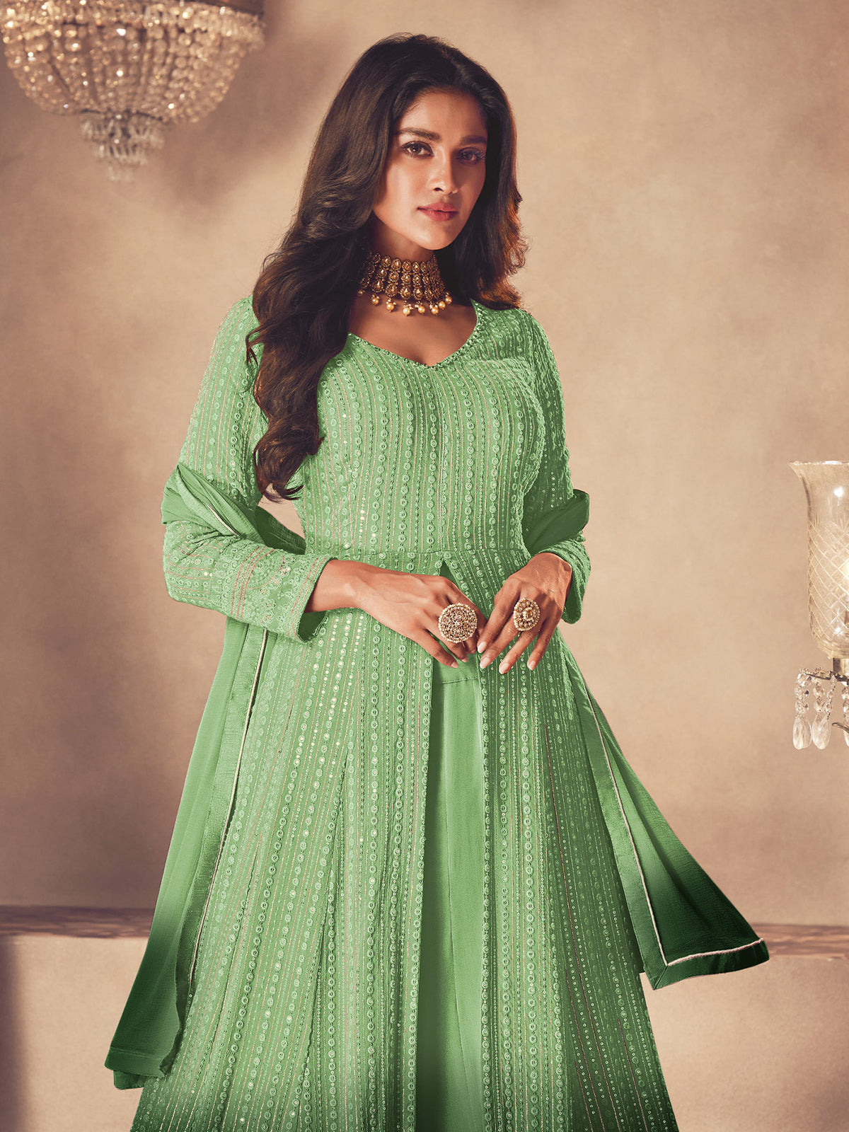 Odette - Green Embroidered Georgette Partywear Semi Stitched Anarkali Salwar Suit