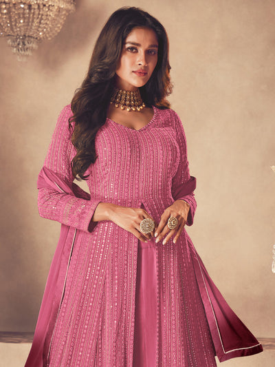 Odette - Pink Embroidered Georgette Partywear Semi Stitched Anarkali Salwar Suit