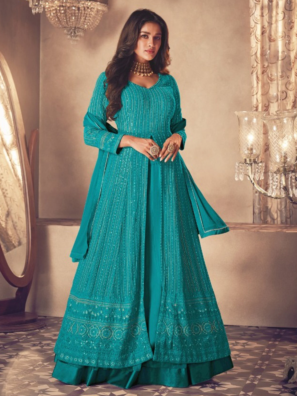 Odette Women Blue Faux Georgette Semi Stitched Kurta Set