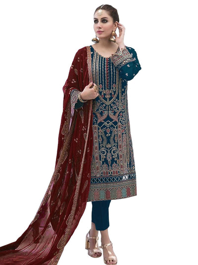 Odette Teal Faux Georgette Embroidered Semi Stitched Kurta Set for Women