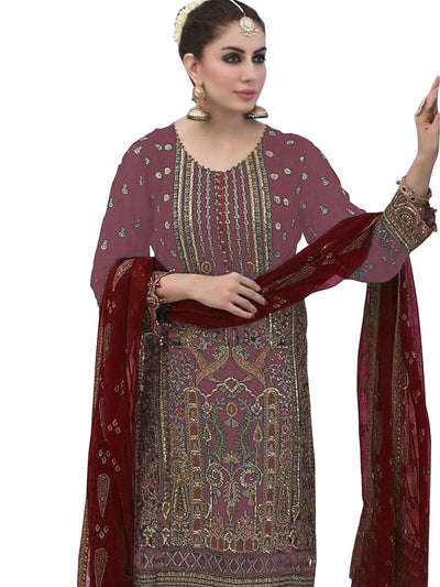 Odette Mauve Faux Georgette Embroidered Semi Stitched Kurta Set for Women