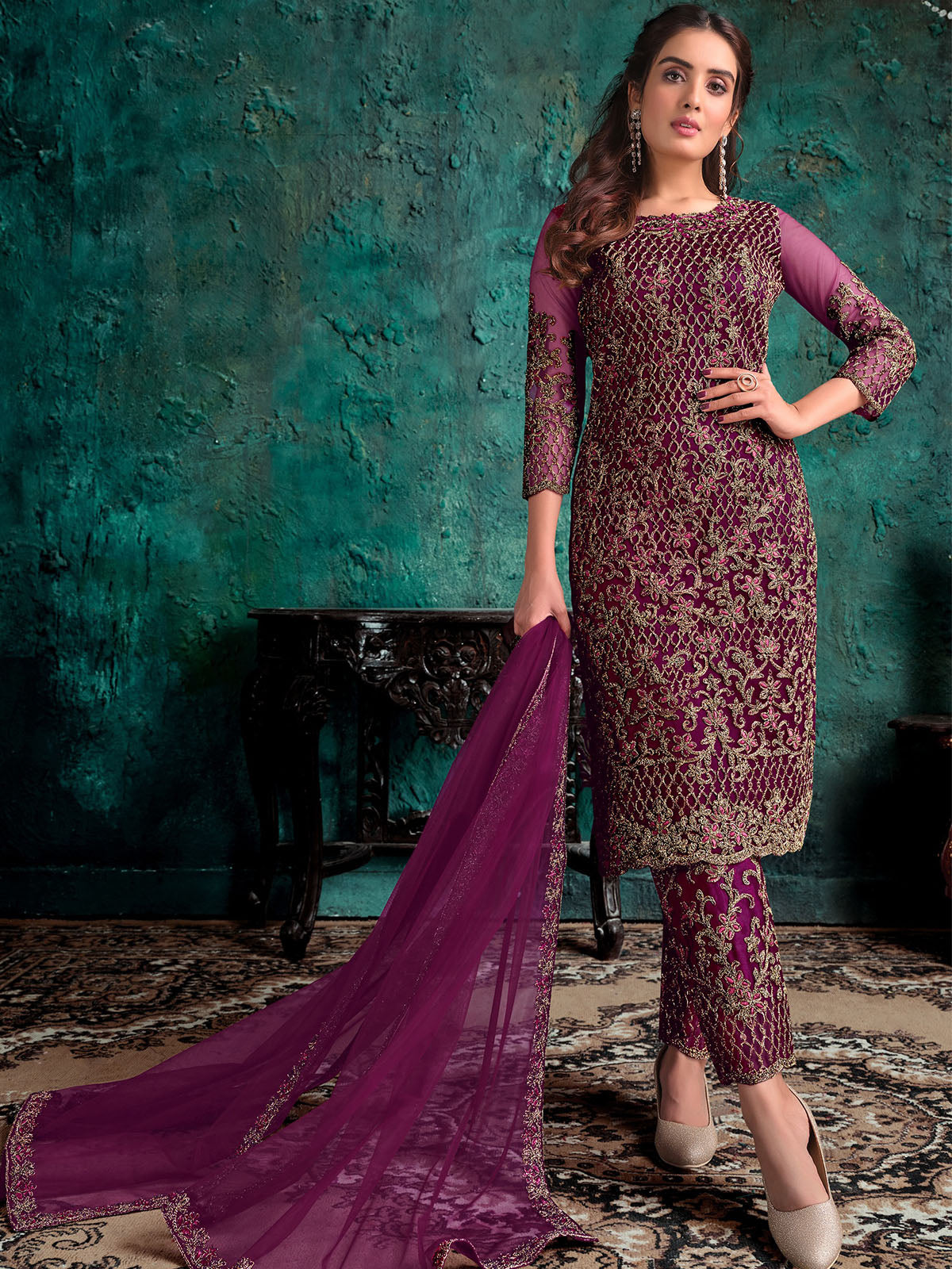 Odette Purple Net Embroidered Semi Stitched Kurta Set For Women