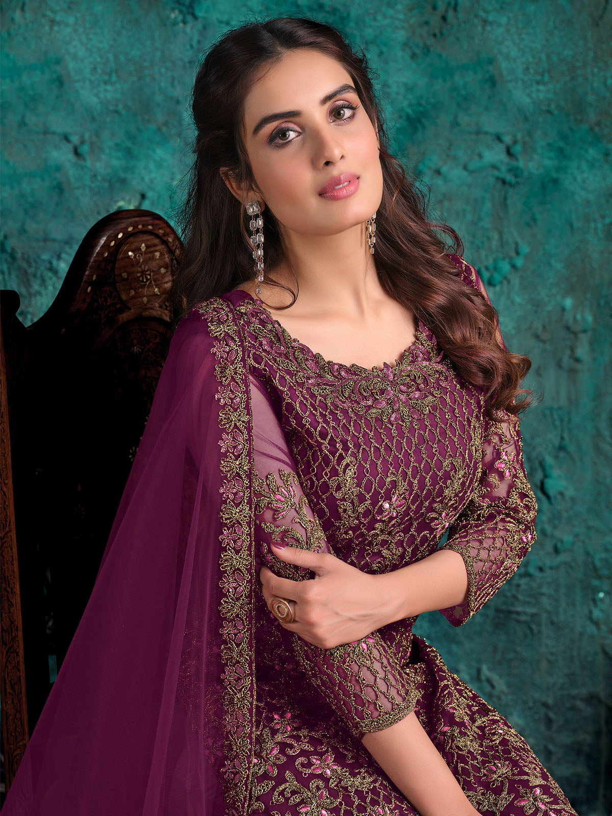 Odette Purple Net Embroidered Semi Stitched Kurta Set For Women