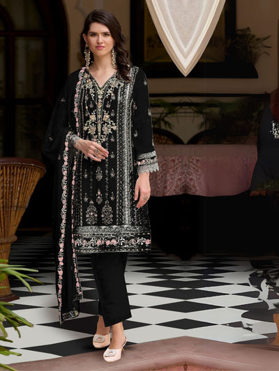 Odette Black Embroidered Georgette Semi-Stitched Kurta Set For Women