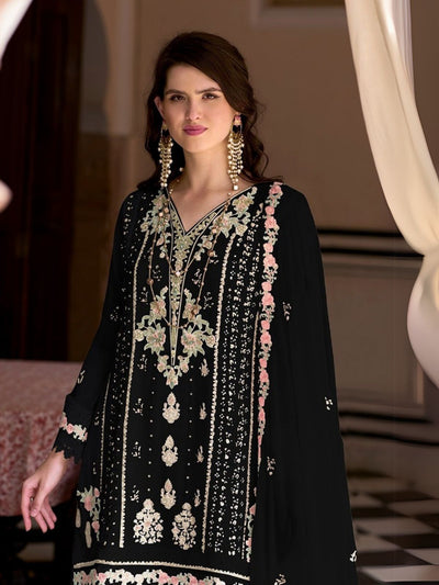 Odette Black Embroidered Georgette Semi-Stitched Kurta Set For Women