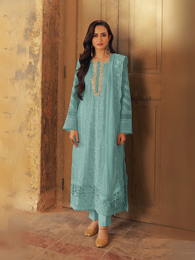 Odette Blue Embroidered Georgette Semi-Stitched Kurta Set For Women