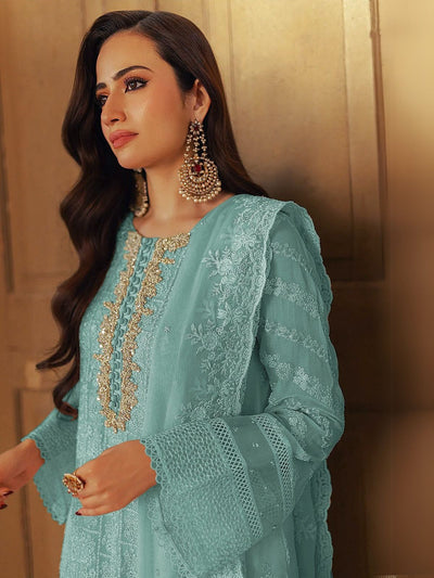 Odette Blue Embroidered Georgette Semi-Stitched Kurta Set For Women