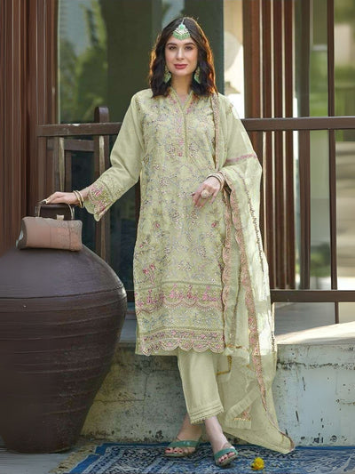 Odette Green Organza  Embroidered Semi-Stitched Kurta Set For Women