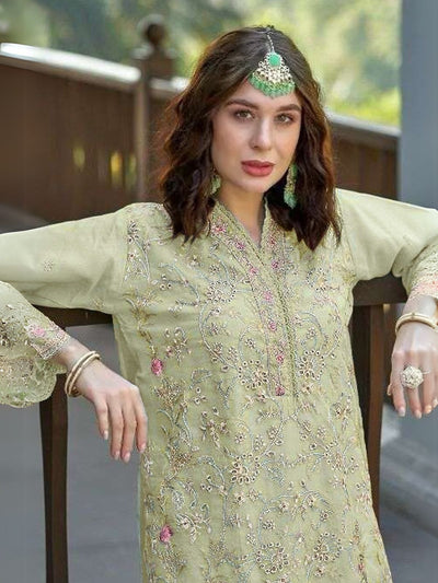 Odette Green Organza  Embroidered Semi-Stitched Kurta Set For Women