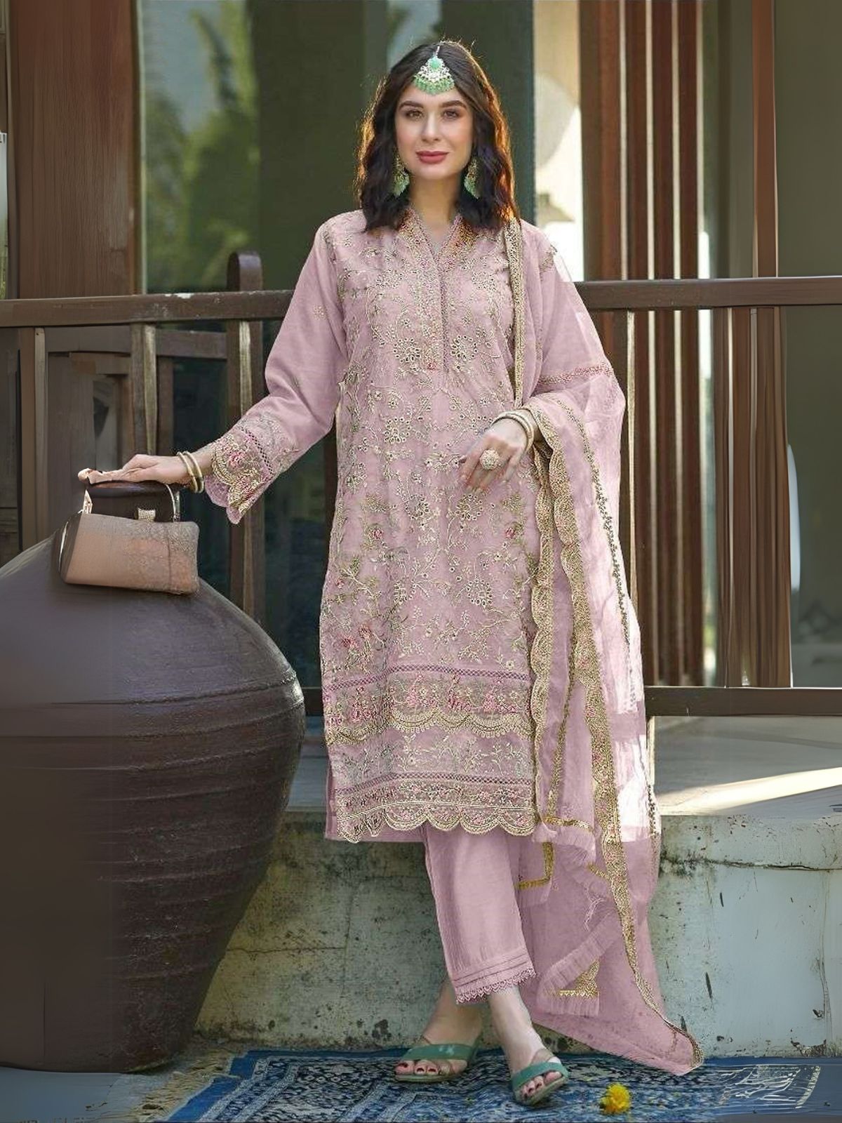 Odette Pink Organza  Embroidered Semi-Stitched Kurta Set For Women