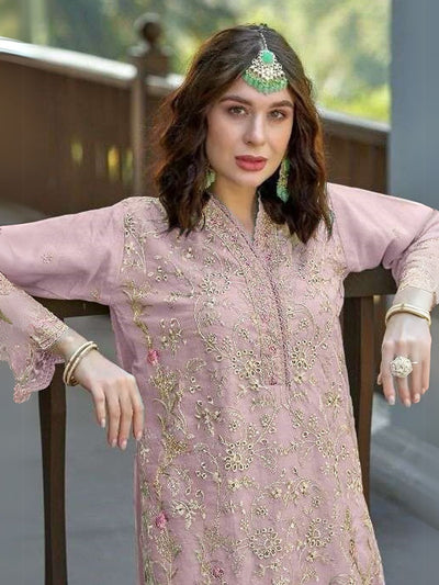 Odette Pink Organza  Embroidered Semi-Stitched Kurta Set For Women