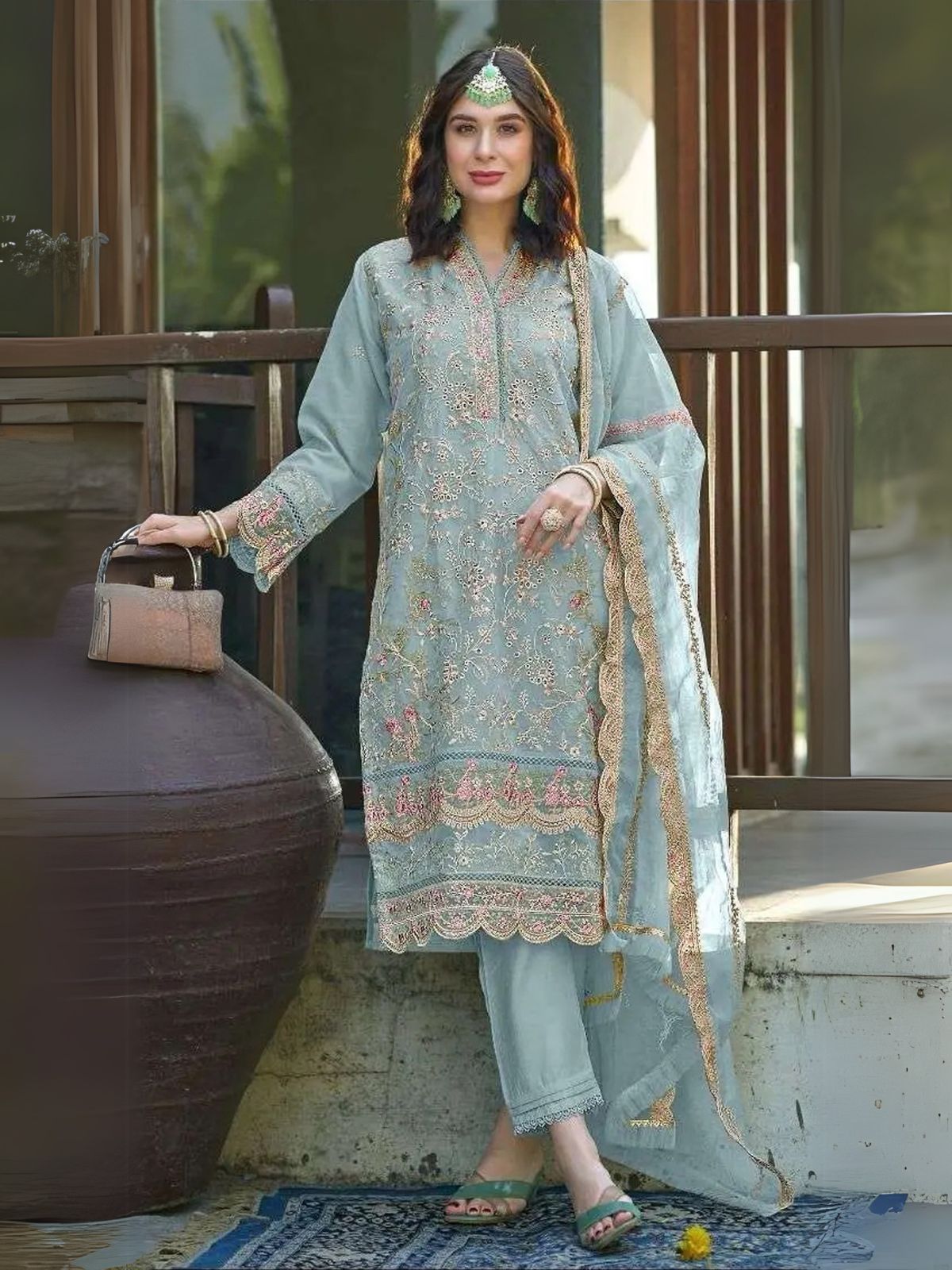 Odette Blue Organza Embroidered Semi-Stitched Kurta Set For Women