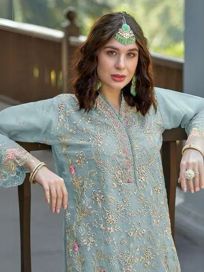 Odette Blue Organza Embroidered Semi-Stitched Kurta Set For Women