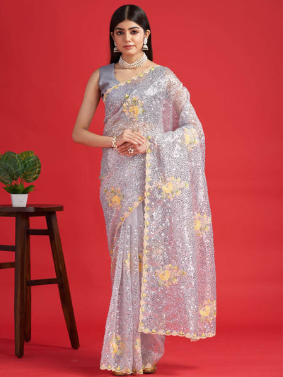 Grey Organza Sequins Saree With Unstitched Blouse