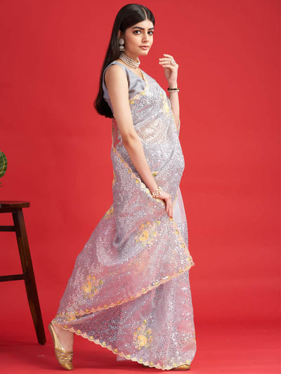 Grey Organza Sequins Saree With Unstitched Blouse