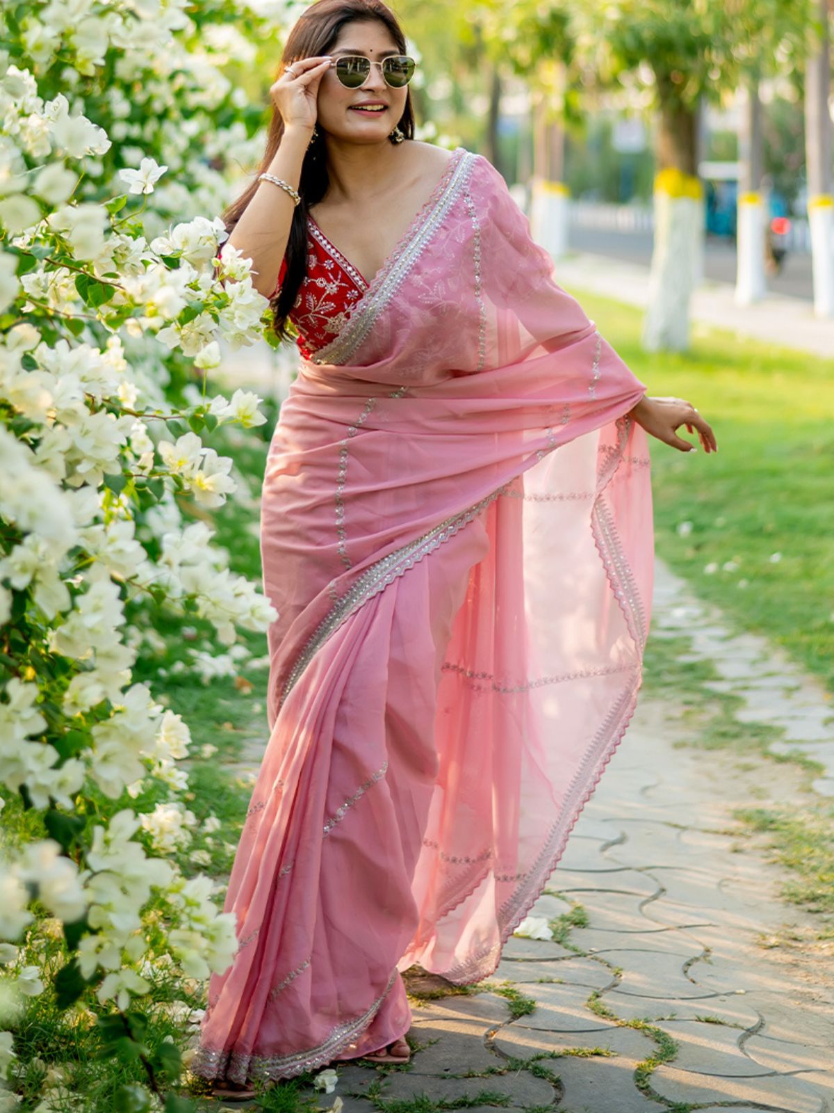 Odette Pink Organza Embroidered Saree with Stitched Blouse for Women