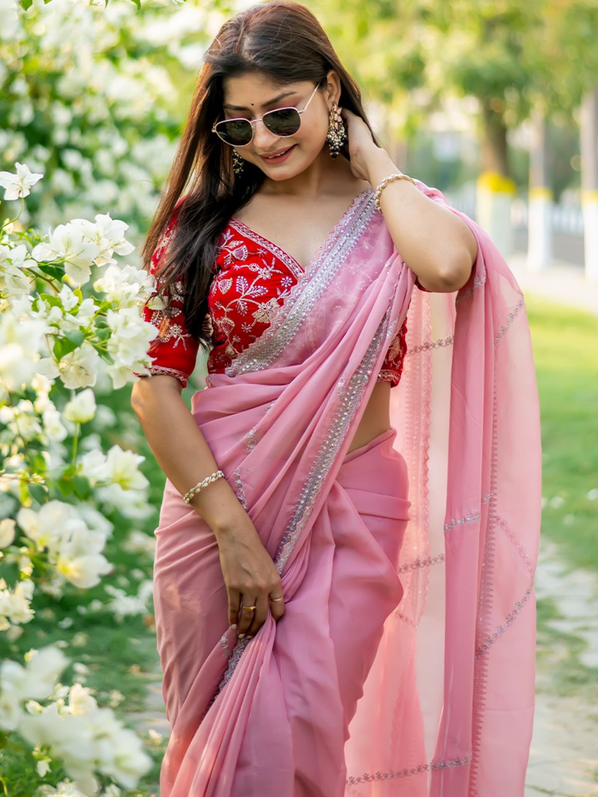 Odette Pink Organza Embroidered Saree with Stitched Blouse for Women