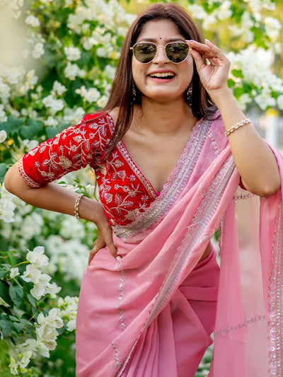 Odette Pink Organza Embroidered Saree with Stitched Blouse for Women