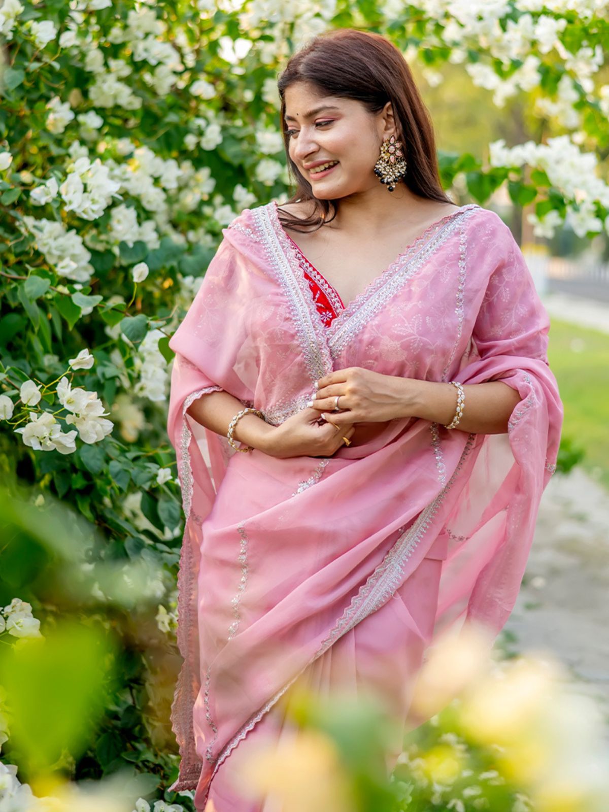 Odette Pink Organza Embroidered Saree with Stitched Blouse for Women