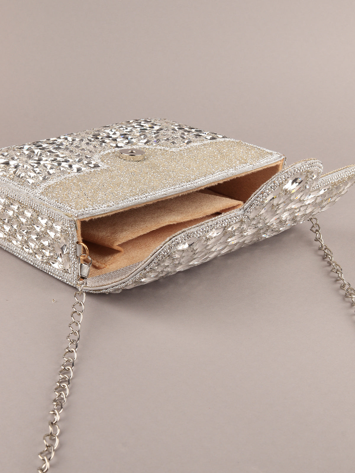 Silver embellished outlet clutch