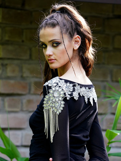 Odette Women The Glitzy Black And Silver Embroidered Cape