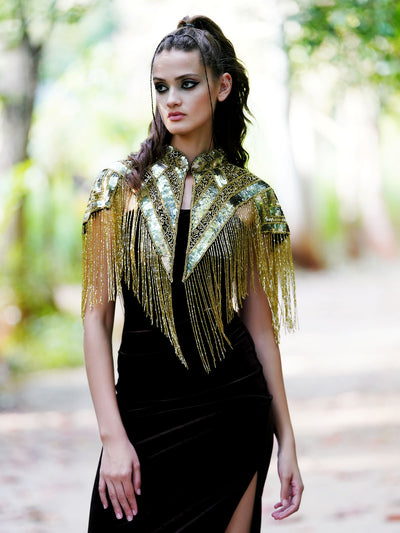 Odette Women The Glamorous Black And Gold Embellished Cape