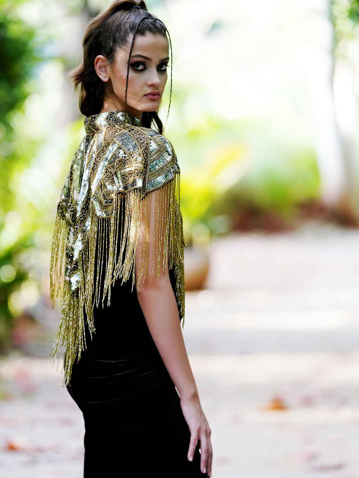 Odette Women The Glamorous Black And Gold Embellished Cape