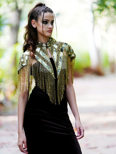 Odette Women The Glamorous Black And Gold Embellished Cape