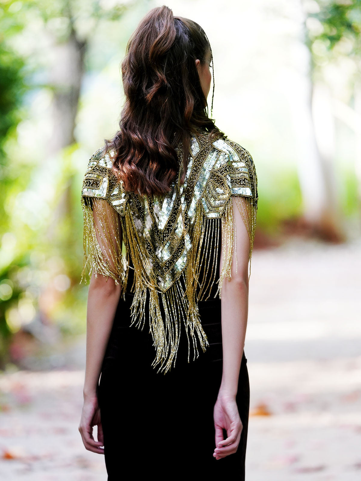 Odette Women The Glamorous Black And Gold Embellished Cape