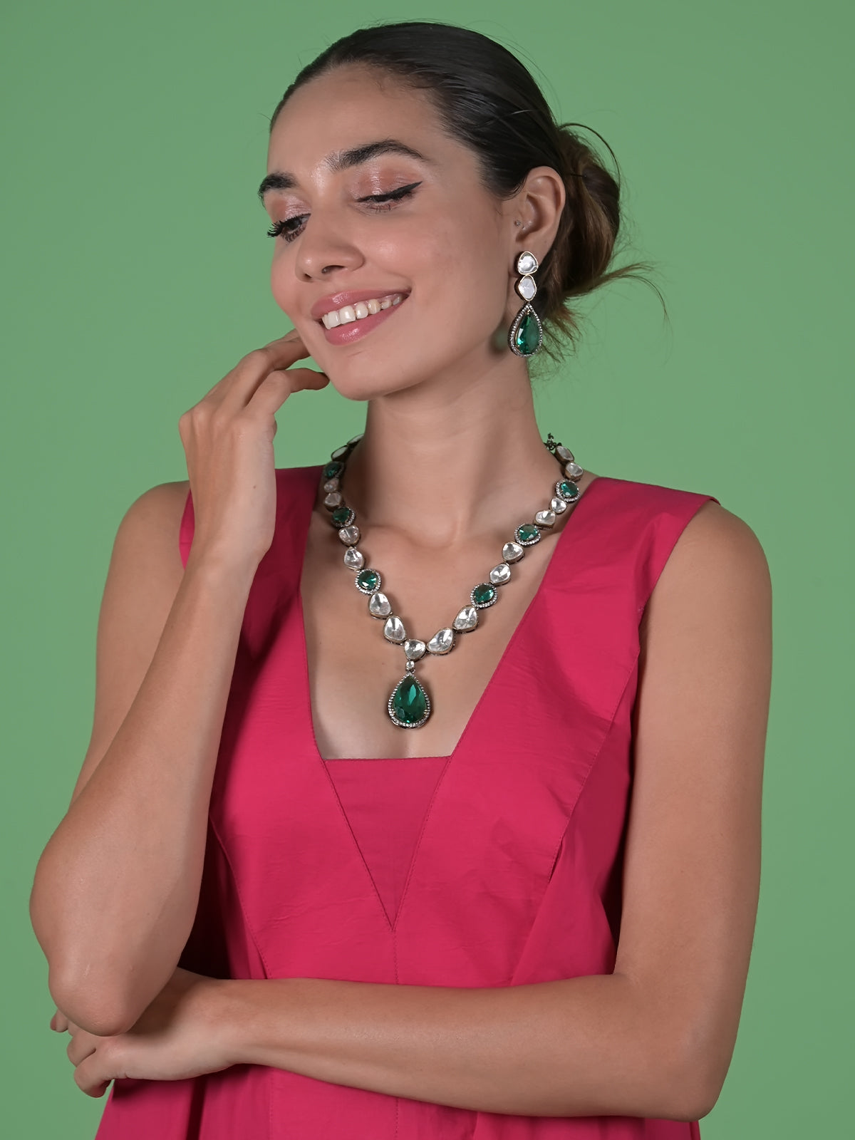 Odette Gold And Green Alloy Jewellery Set For Women