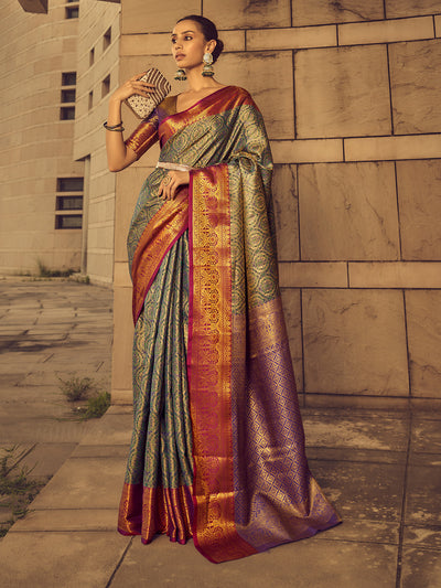 Odette Green Handloom Woven Silk Blend Saree for Women With Unstitched Blouse