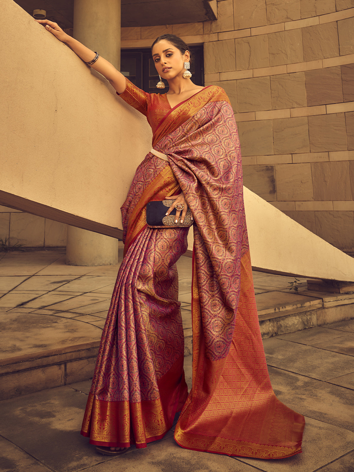 Odette Purple Handloom Woven Silk Blend Saree for Women With Unstitched Blouse