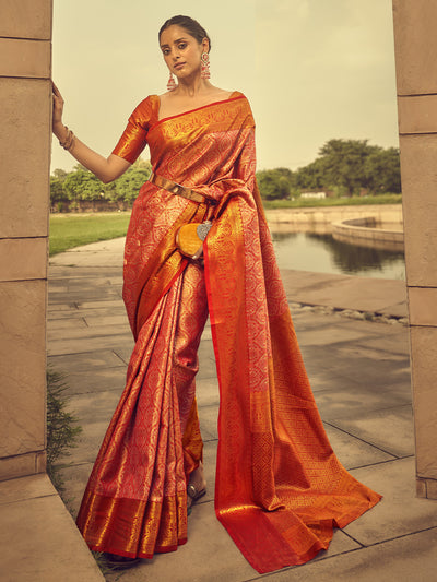 Odette Orange Handloom Woven Silk Blend Saree for Women With Unstitched Blouse