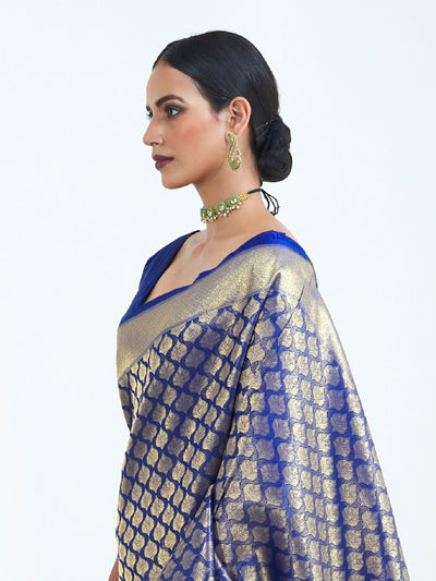 Odette Navy Blue Silk Blend Woven Saree With Unstitched Blouse For Women