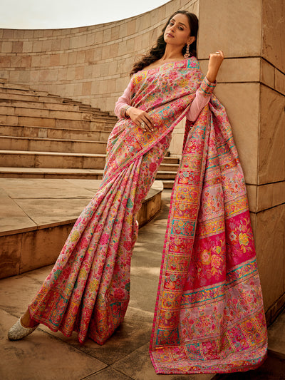 Odette Pink Kashmiri Handloom Woven Saree For Women