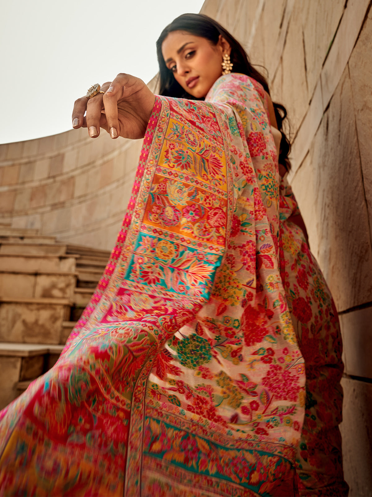 Odette Apricot Kashmiri Handloom Woven Sarees For Women