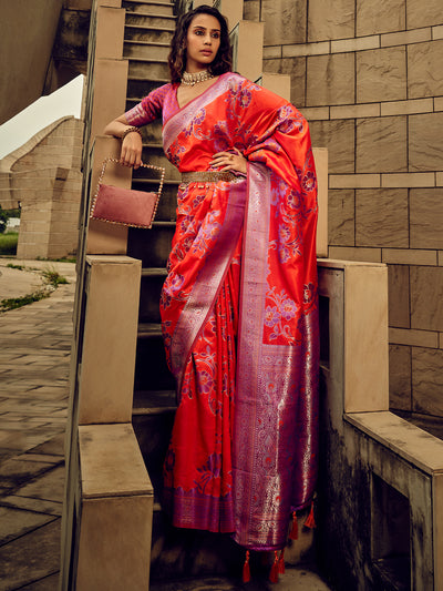 Odette Orange Handloom Woven Satin Saree For Women